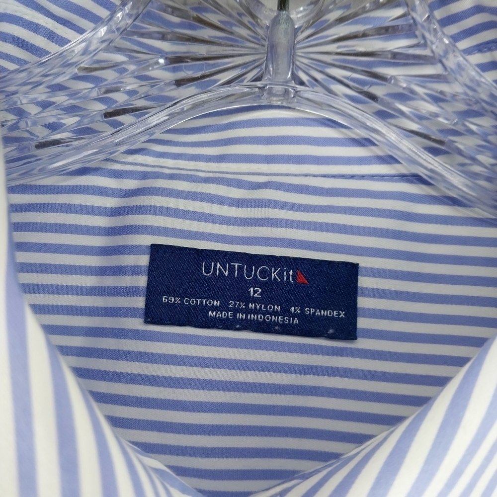 UNTUCKit Blue And White Pinstripe Tie Waist Long Sleeve Shirt Dress - Picture 3 of 13